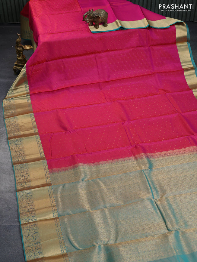 Pure kanchipuram silk saree pink and teal green with allover self emboss & zari weaves and zari woven border