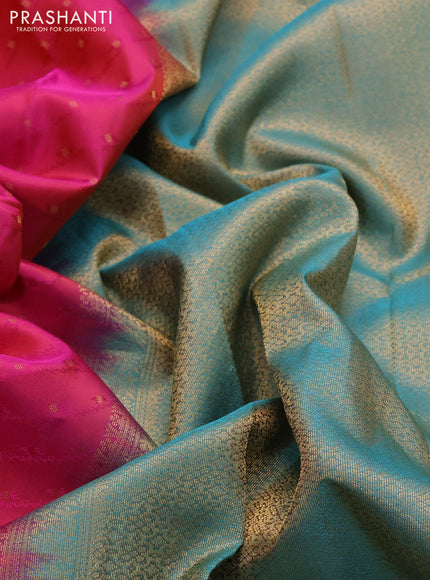 Pure kanchipuram silk saree pink and teal green with allover self emboss & zari weaves and zari woven border