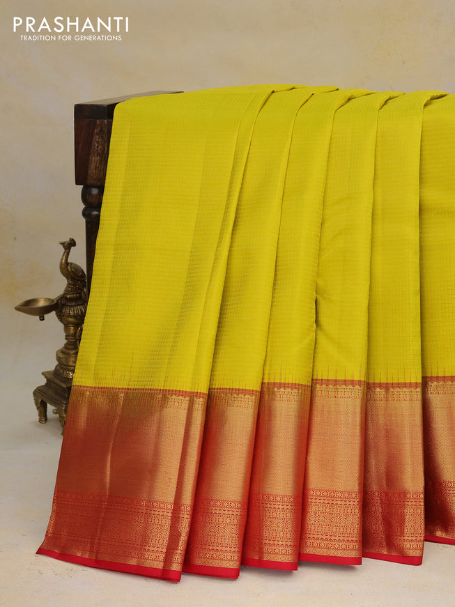 Pure kanchipuram silk saree yellow and red with allover zari weaves and zari woven border