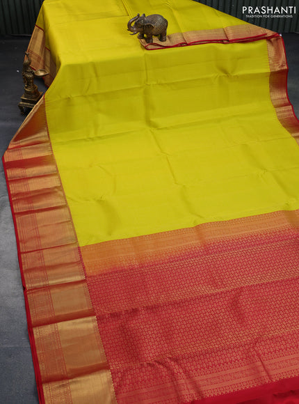 Pure kanchipuram silk saree yellow and red with allover zari weaves and zari woven border