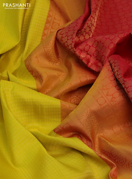 Pure kanchipuram silk saree yellow and red with allover zari weaves and zari woven border