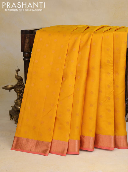 Pure kanchipuram silk saree mango yellow and peach pink with zari woven 1000 buttas and zari woven border