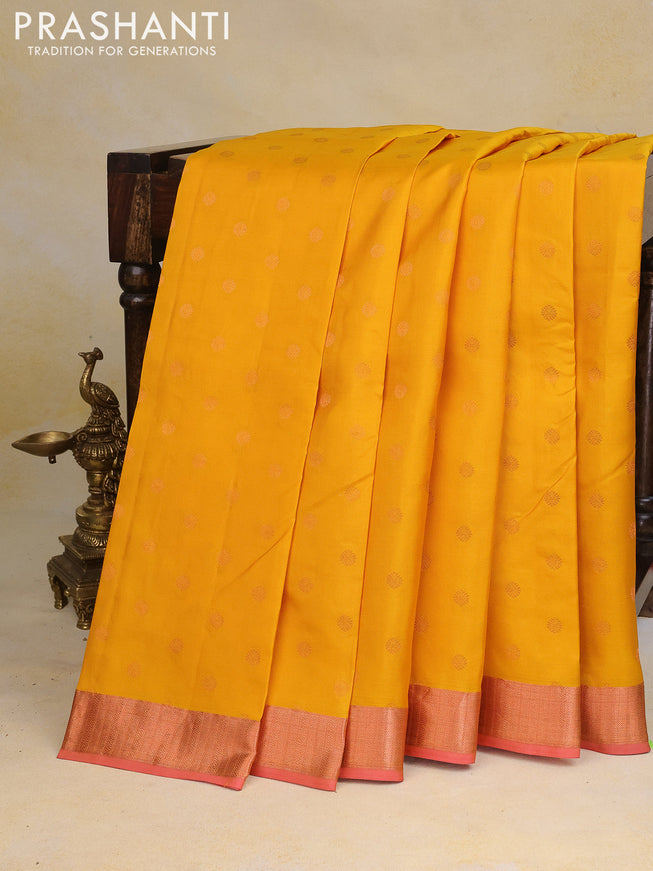 Pure kanchipuram silk saree mango yellow and peach pink with zari woven 1000 buttas and zari woven border