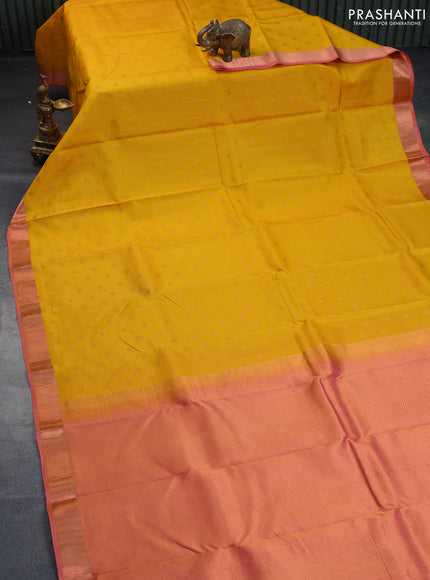 Pure kanchipuram silk saree mango yellow and peach pink with zari woven 1000 buttas and zari woven border