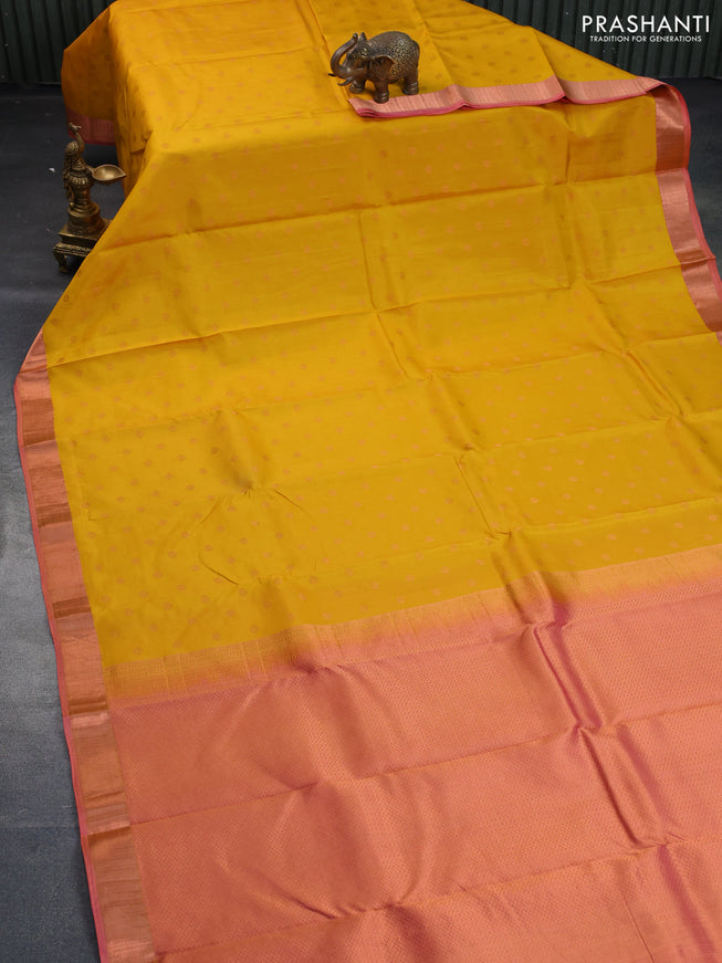 Pure kanchipuram silk saree mango yellow and peach pink with zari woven 1000 buttas and zari woven border