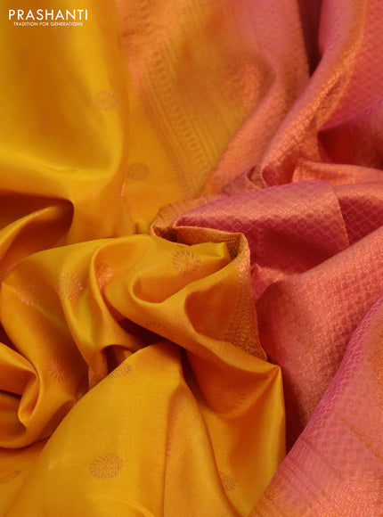 Pure kanchipuram silk saree mango yellow and peach pink with zari woven 1000 buttas and zari woven border