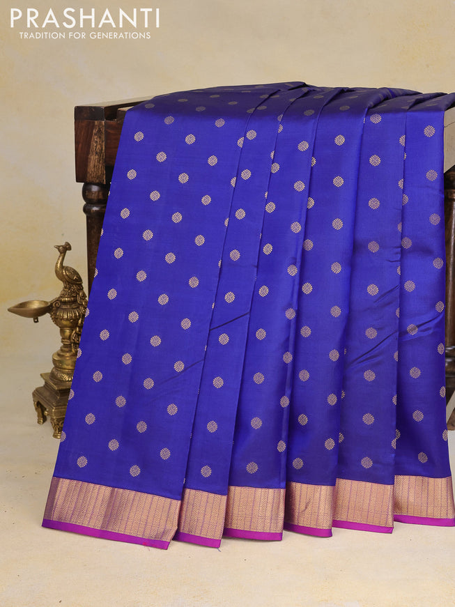 Pure kanchipuram silk saree blue and purple with zari woven 1000 buttas and zari woven border