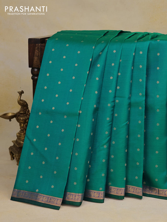 Pure kanchipuram silk saree teal green with zari woven buttas and zari woven piping border