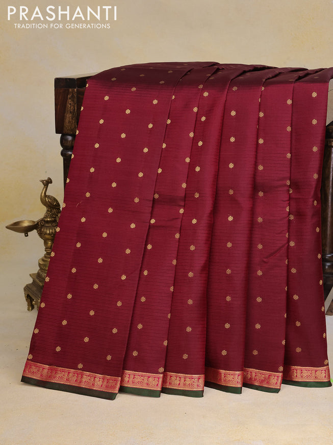 Pure kanchipuram silk saree maroon and green with zari woven buttas and zari woven piping border