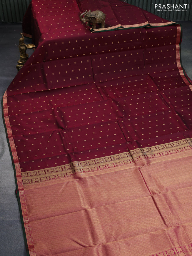 Pure kanchipuram silk saree maroon and green with zari woven buttas and zari woven piping border