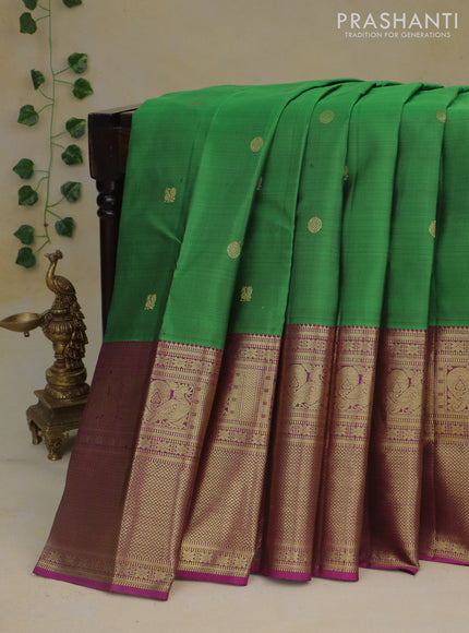 Pure kanchipuram silk saree green and purple with zari woven buttas and long annam zari woven border