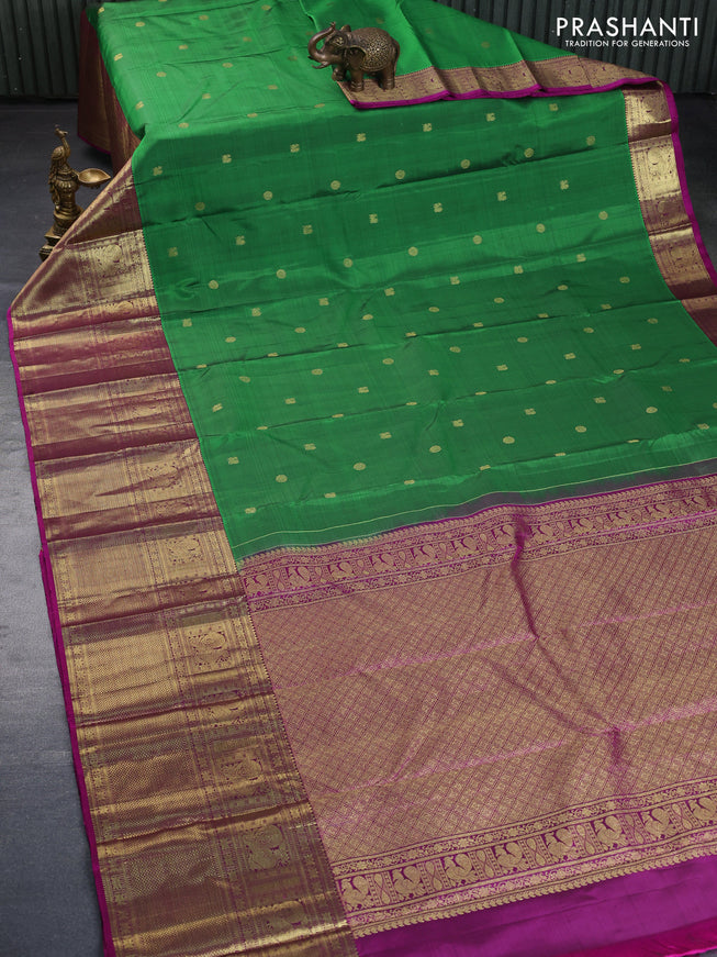 Pure kanchipuram silk saree green and purple with zari woven buttas and long annam zari woven border