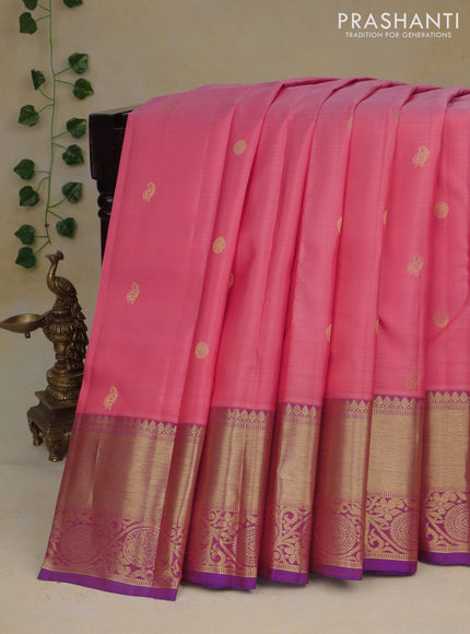 Pure kanchipuram silk saree peach pink shade and dual shade of blue with zari woven buttas and annam zari woven border