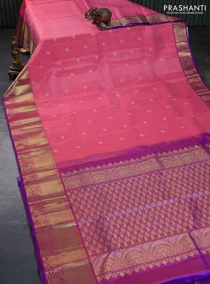 Pure kanchipuram silk saree peach pink shade and dual shade of blue with zari woven buttas and annam zari woven border