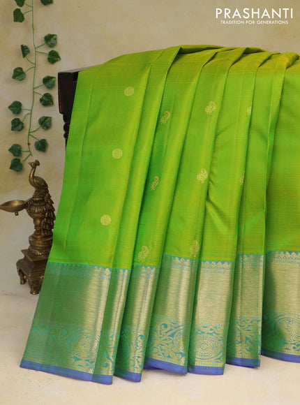 Pure kanchipuram silk saree light green and dual shade of blue with zari woven buttas and annam zari woven border