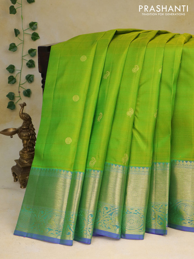 Pure kanchipuram silk saree light green and dual shade of blue with zari woven buttas and annam zari woven border