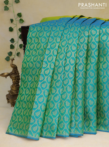 Pure kanchipuram silk saree light green and dual shade of cs blue with half & half style in borderless style