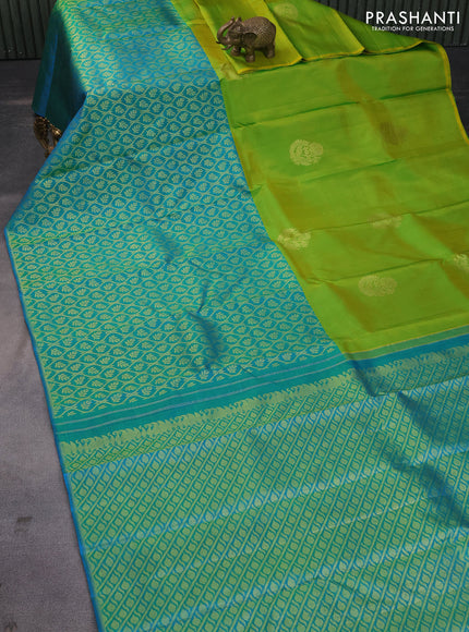 Pure kanchipuram silk saree light green and dual shade of cs blue with half & half style in borderless style