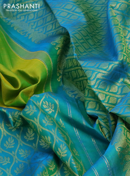 Pure kanchipuram silk saree light green and dual shade of cs blue with half & half style in borderless style