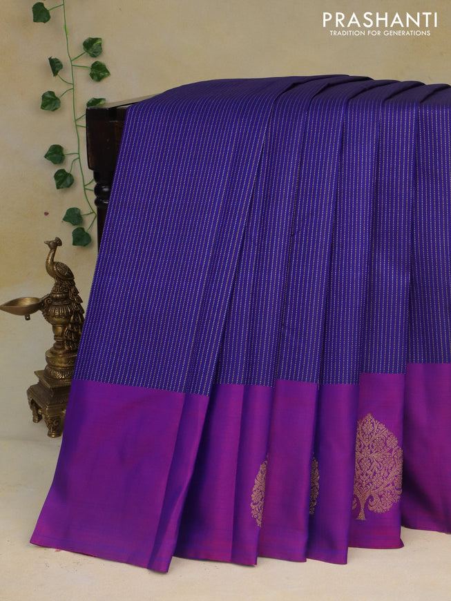 Pure kanchipuram silk saree blue and pink with allover zari weaves and zari woven butta border