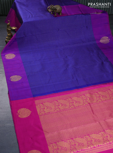 Pure kanchipuram silk saree blue and pink with allover zari weaves and zari woven butta border