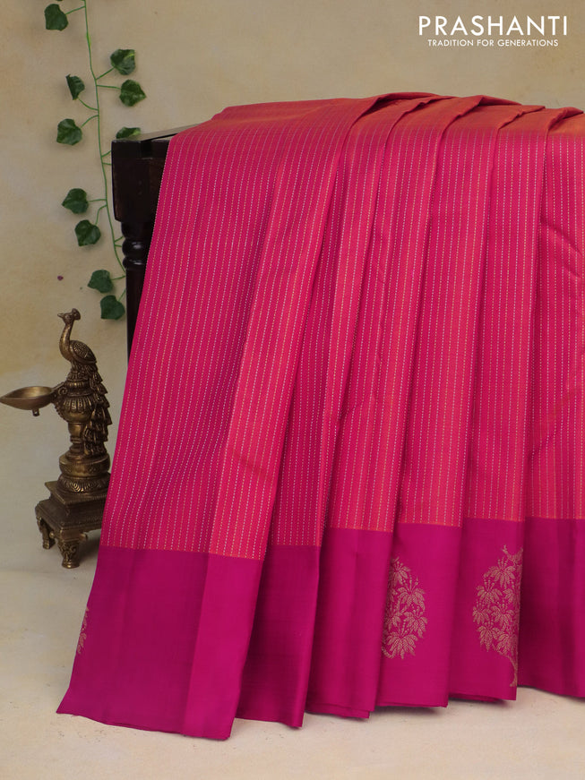 Pure kanchipuram silk saree dual shade of pinkish orange and pink with allover zari weaves and zari woven butta border