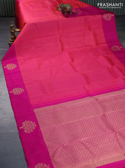 Pure kanchipuram silk saree dual shade of pinkish orange and pink with allover zari weaves and zari woven butta border