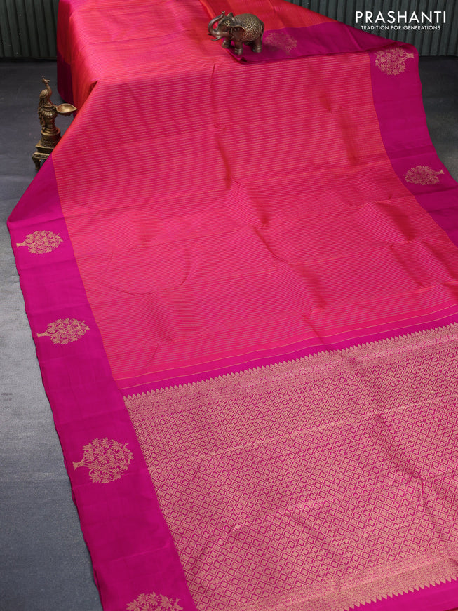 Pure kanchipuram silk saree dual shade of pinkish orange and pink with allover zari weaves and zari woven butta border