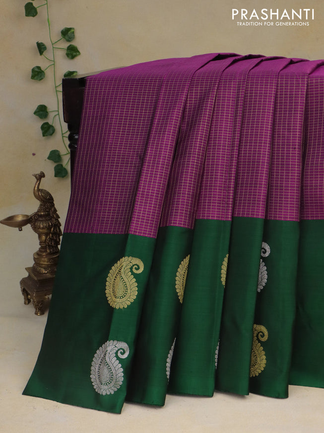 Pure kanchipuram silk saree purple and green with allover zari checked pattern and zari woven butta border