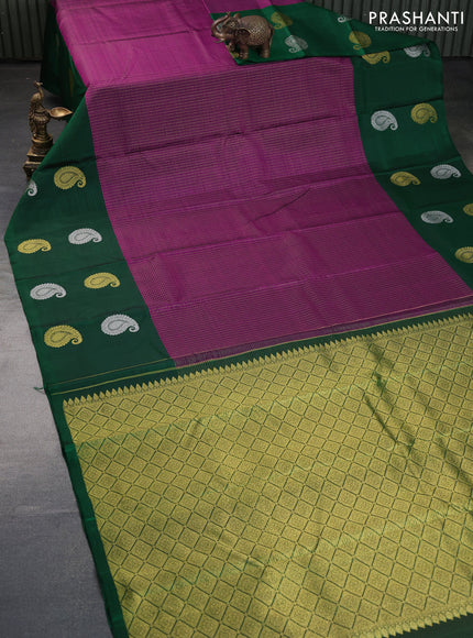 Pure kanchipuram silk saree purple and green with allover zari checked pattern and zari woven butta border