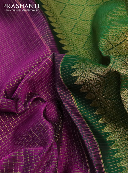 Pure kanchipuram silk saree purple and green with allover zari checked pattern and zari woven butta border