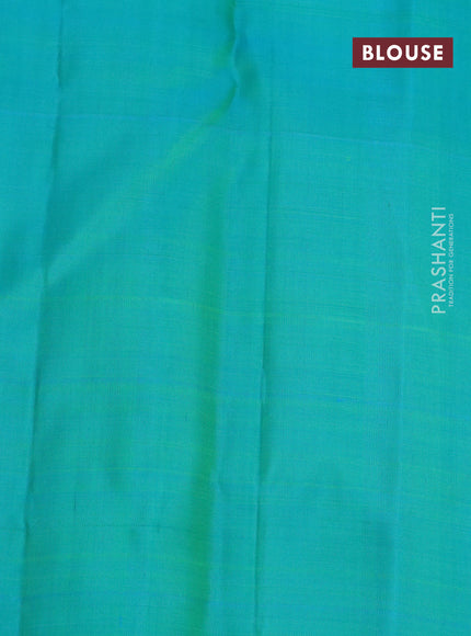 Pure kanchipuram silk saree light green and teal blue with allover zari checked pattern and zari woven butta border