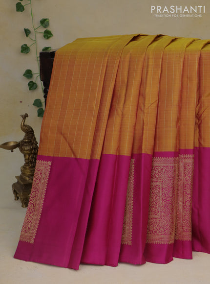 Pure kanchipuram silk saree mustard yellow and magenta pink with allover zari weaves and zari woven butta border