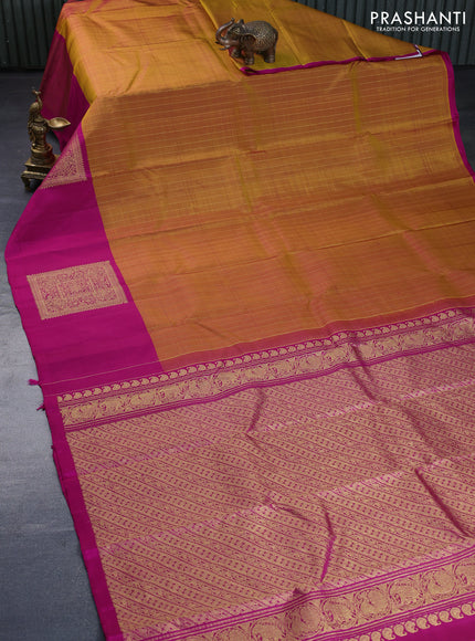 Pure kanchipuram silk saree mustard yellow and magenta pink with allover zari weaves and zari woven butta border