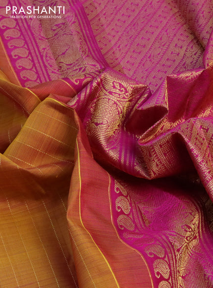 Pure kanchipuram silk saree mustard yellow and magenta pink with allover zari weaves and zari woven butta border