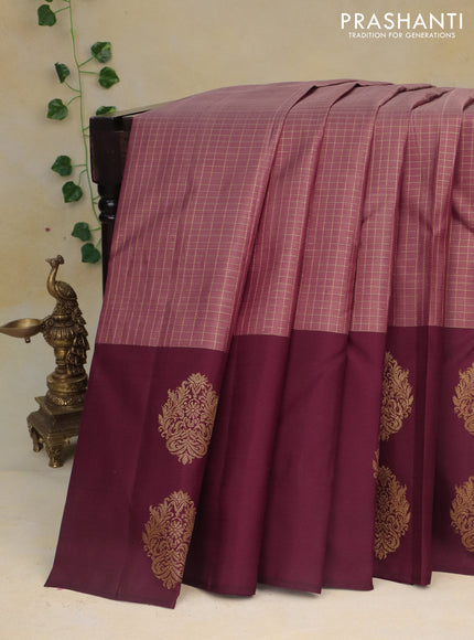 Pure kanchipuram silk saree pastel brown and coffee brown with allover zari checked pattern and zari woven butta border