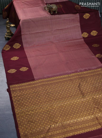 Pure kanchipuram silk saree pastel brown and coffee brown with allover zari checked pattern and zari woven butta border