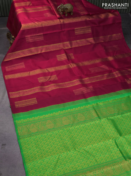 Pure kanchipuram silk saree tomato pink and green with zari woven box type buttas in borderless style