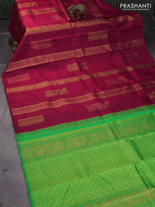 Pure kanchipuram silk saree tomato pink and green with zari woven box type buttas in borderless style