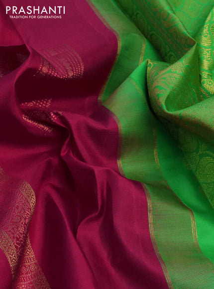 Pure kanchipuram silk saree tomato pink and green with zari woven box type buttas in borderless style