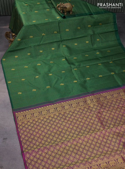 Pure kanchipuram silk saree green and magenta pink with allover zari checked pattern & buttas in borderless style