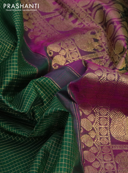 Pure kanchipuram silk saree green and magenta pink with allover zari checked pattern & buttas in borderless style