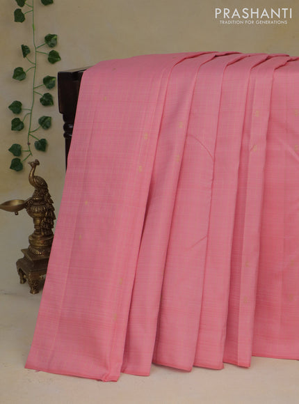 Pure kanchipuram silk saree peach pink and teal blue with allover zari weaves & buttas in borderless style