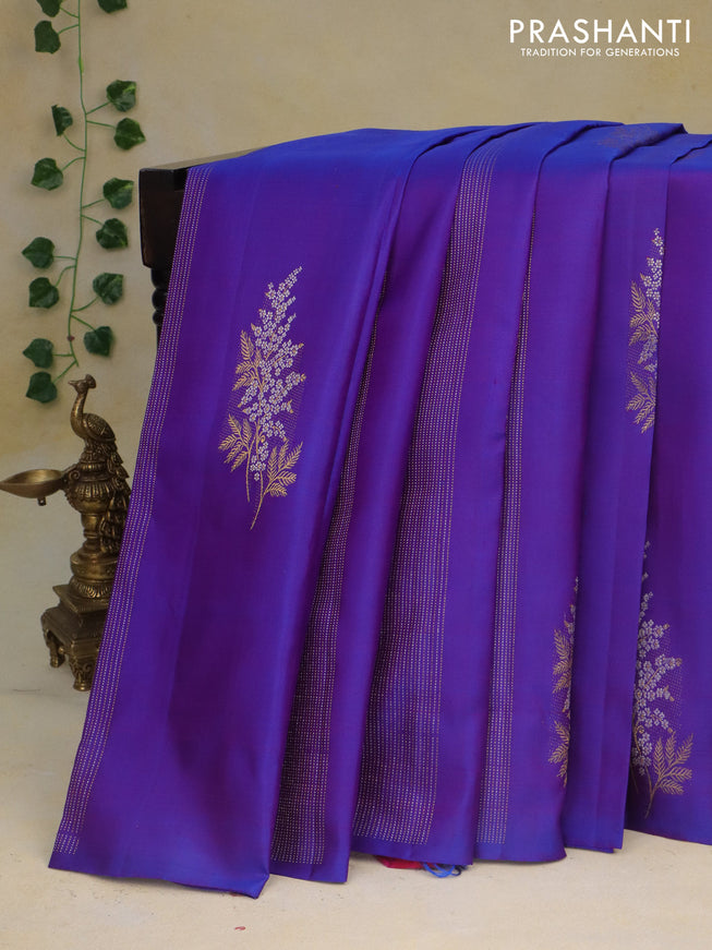 Pure kanchipuram silk saree dual shade of blue and pink with allover zari weaves & buttas in borderless style