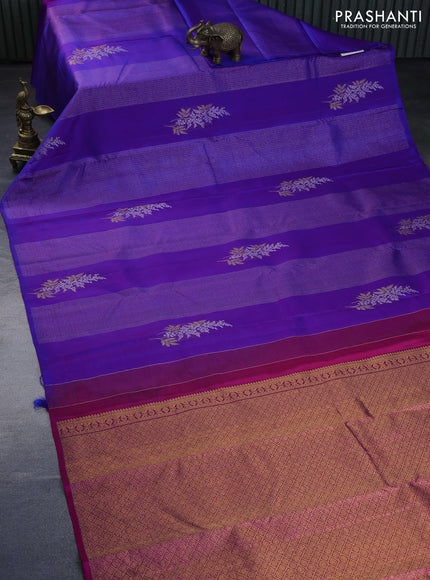 Pure kanchipuram silk saree dual shade of blue and pink with allover zari weaves & buttas in borderless style