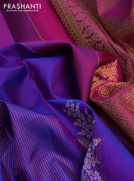 Pure kanchipuram silk saree dual shade of blue and pink with allover zari weaves & buttas in borderless style