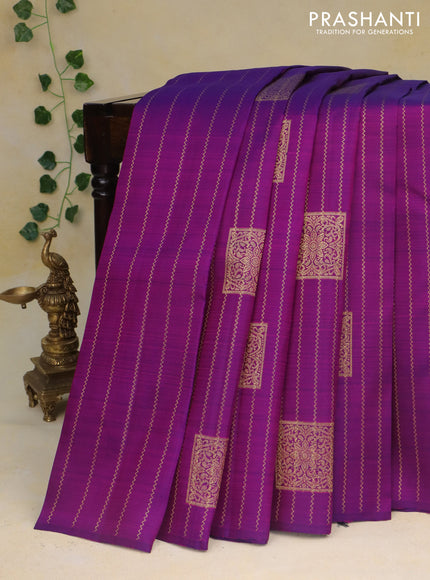 Pure kanchipuram silk saree purple and green with allover zari weaves & buttas in borderless style