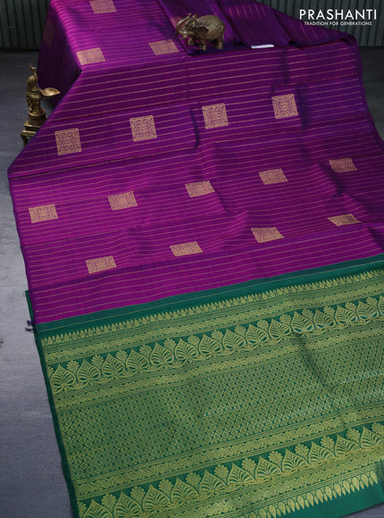 Pure kanchipuram silk saree purple and green with allover zari weaves & buttas in borderless style