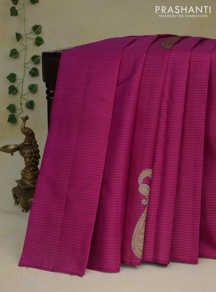 Pure kanchipuram silk saree magenta pink and black with allover zari weaves and paisley butta border