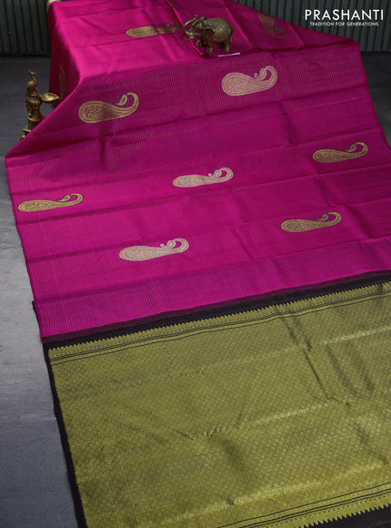 Pure kanchipuram silk saree magenta pink and black with allover zari weaves and paisley butta border